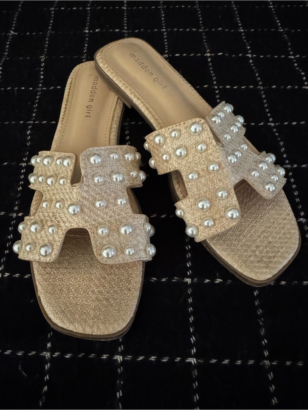 Madden Girl Tan Woven Slide Sandals with Pearl Studs